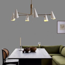 Mid Century Handcrafted Italian Modern Chandelier 6 Light Brass Pendant White Cone Shade Ceiling Fixture Dining Room, Living Room - thumbnail 2