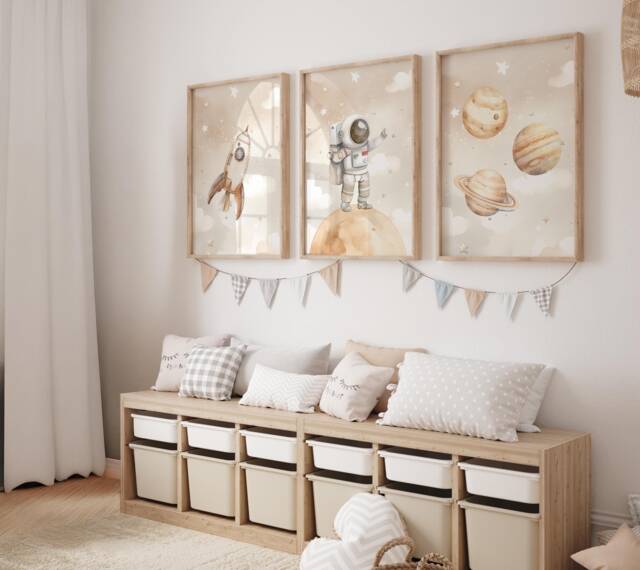 Nursery Decor Space Boy, Wall Art Space, Watercolor Prints, Astronaut Outer Prints Set Of 3 - image 1