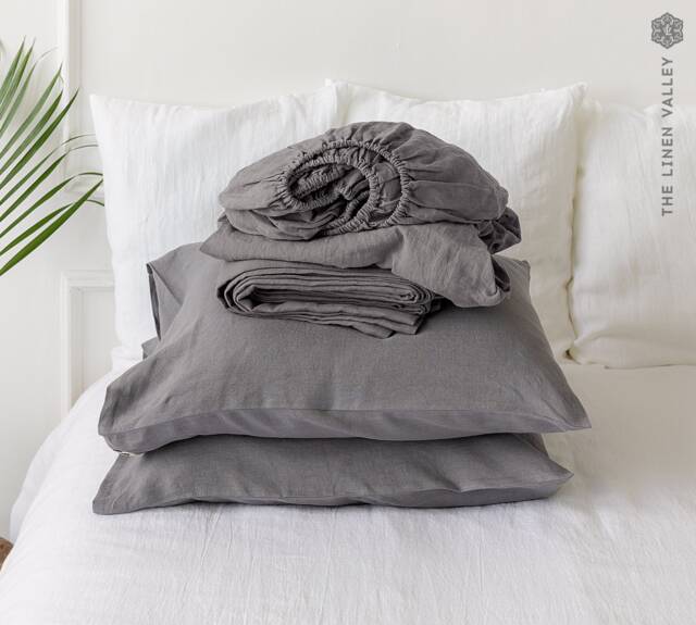 Grey Linen Sheet Set- Stonewashed Bedding - Breathable Fitted Sheet, Flat & Pillowcases- Eco - image 1