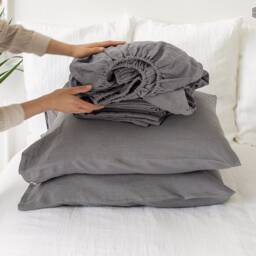Grey Linen Sheet Set- Stonewashed Bedding - Breathable Fitted Sheet, Flat & Pillowcases- Eco - thumbnail 3