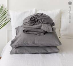 Grey Linen Sheet Set- Stonewashed Bedding - Breathable Fitted Sheet, Flat & Pillowcases- Eco