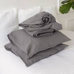 Grey Linen Sheet Set- Stonewashed Bedding - Breathable Fitted Sheet, Flat & Pillowcases- Eco - thumbnail 2
