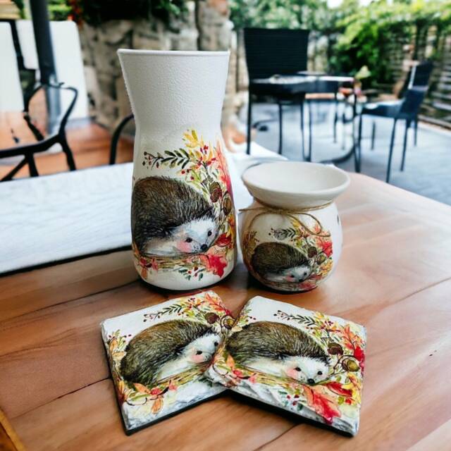 Hedgehog Gift Set, Vase, Wax Melt Burner, Coasters, Themed Gifts, Home Decor, Hedgehogs - image 1
