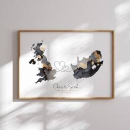 Personalised Map Print - Custom Any Two Countries Or Us States Beige & Gold Travel Wall Art Wedding Engagement Anniversary Gift - thumbnail 2