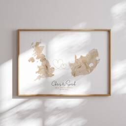 Personalised Map Print - Custom Any Two Countries Or Us States Beige & Gold Travel Wall Art Wedding Engagement Anniversary Gift - thumbnail 3