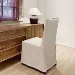 Linen Dinning Chair Cover, Custom Made Fitted Chair Cover With Skirt , Off White Farmhouse Replacement - thumbnail 1