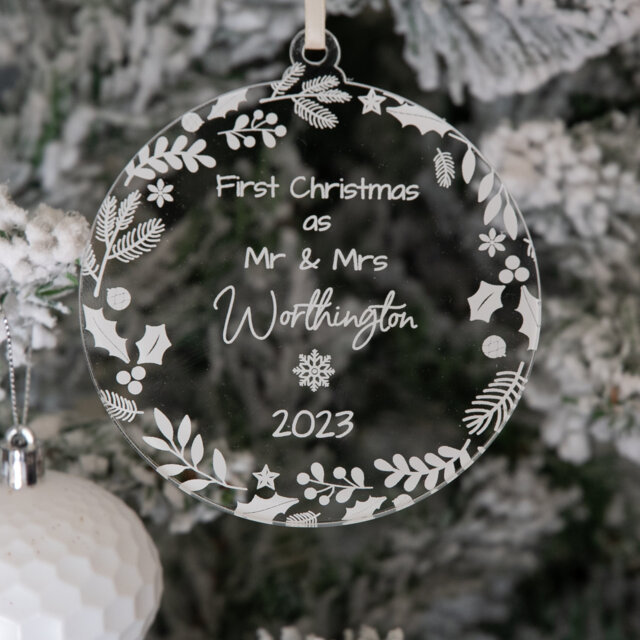 Personalised 1st Christmas As Mr & Mrs Bauble Clear Acrylic - image 1