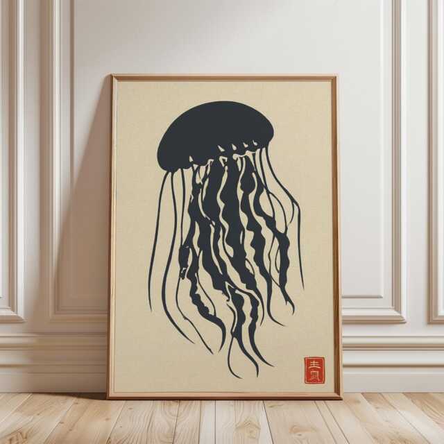 Black Jellyfish Poster - Minimal Japanese Ink Illustration Marine Graphic Art - image 1