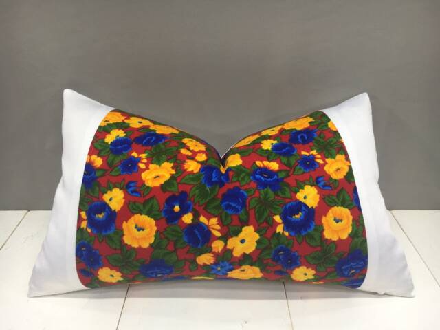 Floral Ikat Lumbar Pillow Cover, Red & Blue Accent - 12x20 - image 1