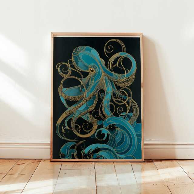 Teal Gold Octopus Poster - Art Nouveau Sea Illustration Graphic Marine Wall - image 1