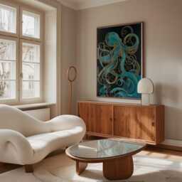 Teal Gold Octopus Poster - Art Nouveau Sea Illustration Graphic Marine Wall - thumbnail 3
