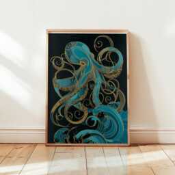 Teal Gold Octopus Poster - Art Nouveau Sea Illustration Graphic Marine Wall - thumbnail 1