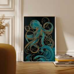 Teal Gold Octopus Poster - Art Nouveau Sea Illustration Graphic Marine Wall - thumbnail 2