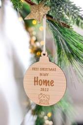 First Christmas in New Home Tree Wooden Ornament 2024 With Satin Ribbon - Engraved Wood