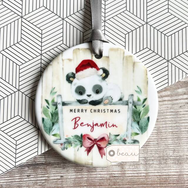 Personalised Merry Christmas Panda Santa Hat Signpost Design Acrylic Or Ceramic Round Ornament Keepsake Tree Decoration Child Boy Girl Gift