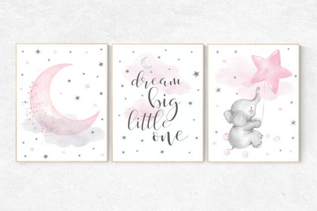Pink Elephant Nursery Decor Dream Big, Moon & Stars Art Print - image 1