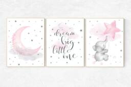 Pink Elephant Nursery Decor Dream Big, Moon & Stars Art Print - thumbnail 1