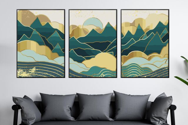Mid Century Mountain Art Print Gold & Green Abstract Landscape - image 1
