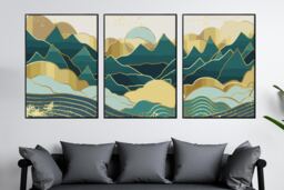 Mid Century Mountain Art Print Gold & Green Abstract Landscape - thumbnail 1