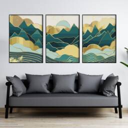 Mid Century Mountain Art Print Gold & Green Abstract Landscape - thumbnail 2