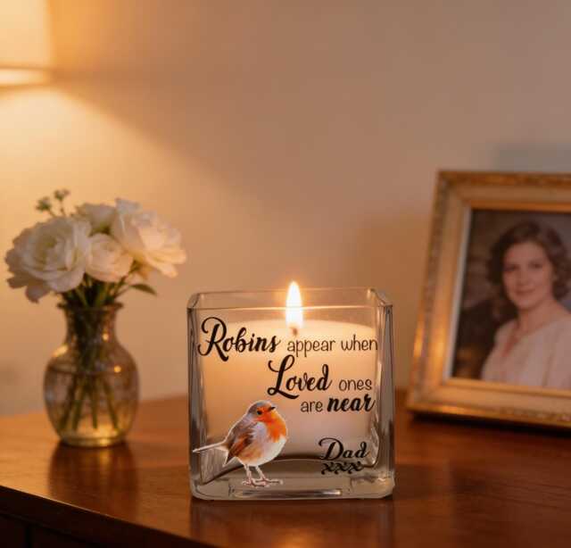 Personalised Robin Memorial Glass Tea Light Holder - image 1