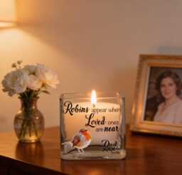 Personalised Robin Memorial Glass Tea Light Holder - thumbnail 1