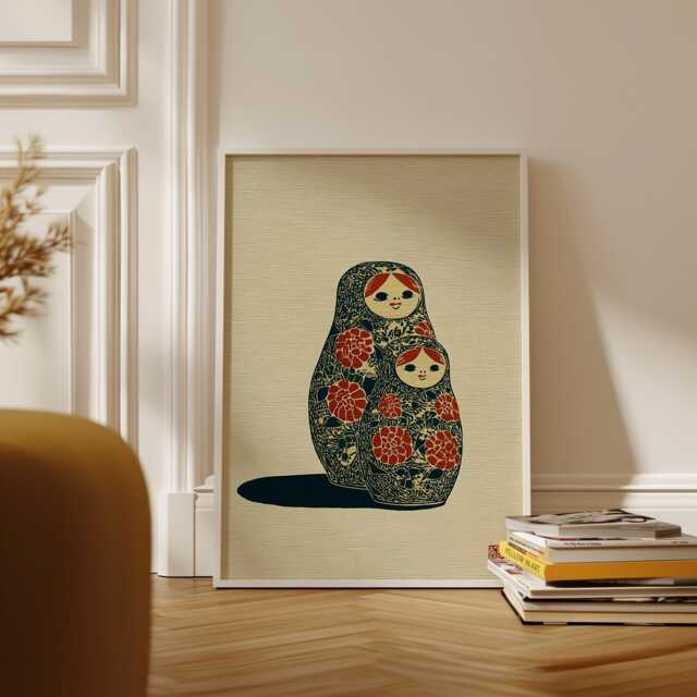 Matryoshka Art Print, Folk Doll Illustration, Nordic Style Wall Decor, Floral Linocut Poster - image 1
