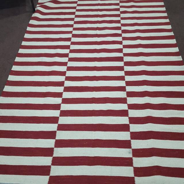 Red & White Striped Kilim Rug, Custom Handmade Wool Area Modern Flatweave - image 1