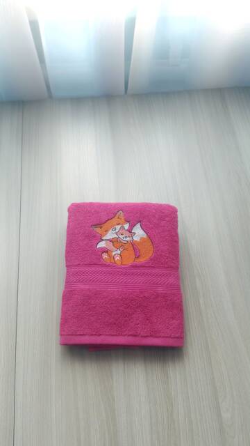 "Coral Color Bath Towel With Embroidered ""Fox Mother & Her Baby " - image 1