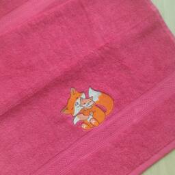 "Coral Color Bath Towel With Embroidered ""Fox Mother & Her Baby " - thumbnail 4