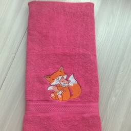 "Coral Color Bath Towel With Embroidered ""Fox Mother & Her Baby " - thumbnail 2