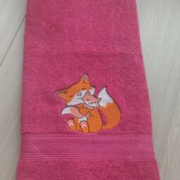"Coral Color Bath Towel With Embroidered ""Fox Mother & Her Baby " - thumbnail 3