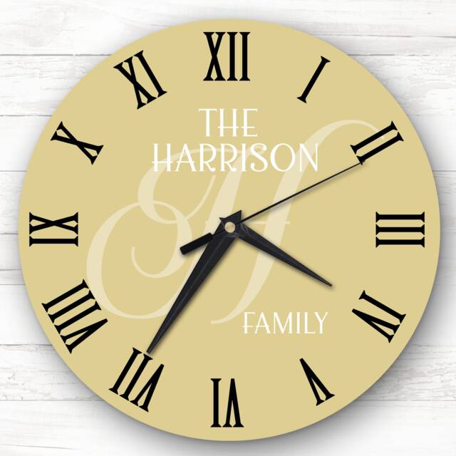 Mustard Yellow Family Name Initial Personalised Gift Clock - image 1
