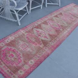 Herki Rug, Rugs For Kitchen, Anatolian Turkish 2.7x11.5 Ft Area Vintage , Pink Antique Rugs, Outdoor Living Room Rug - thumbnail 2