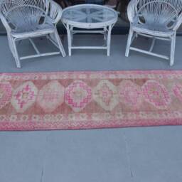 Herki Rug, Rugs For Kitchen, Anatolian Turkish 2.7x11.5 Ft Area Vintage , Pink Antique Rugs, Outdoor Living Room Rug - thumbnail 3