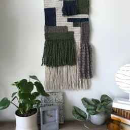 Purple Green Striped Hand Woven Wall Hanging, Medium Weaving, Statement Art, Yarn Tapestry, Weaving - thumbnail 2