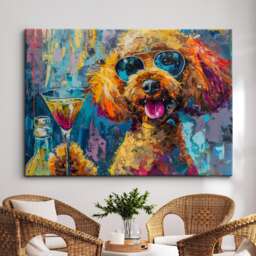 Poodle Toasting Drink Glasses Dog Pet Art Abstract Oil Painting Framed Poster Print & Canvas Wall Living Home Decor Interior Gift