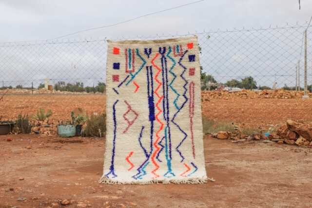 Custom Handmade White Wool Moroccan Rug Colorful Geometric Berber Carpet - image 1