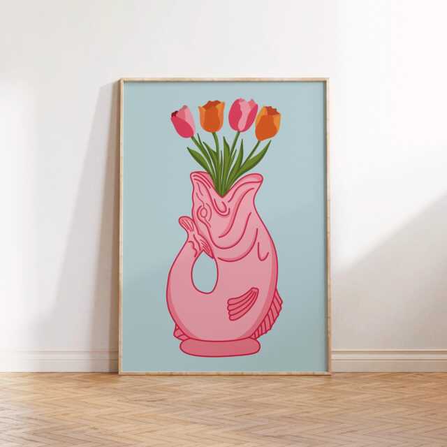 Fish Vase Print Poster, Living Room Wall Print, Bedroom Decor, Typography Art Dopamine Kitchen Portrait, Jug - image 1