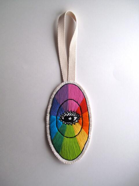 Textile Wall Hanging Hand Embroidered Abstract Design in Rainbow Colors With Eye On Cream Muslin & Felt Canvas Loop Made To Order - image 1