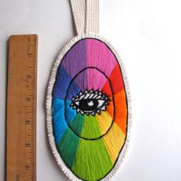 Textile Wall Hanging Hand Embroidered Abstract Design in Rainbow Colors With Eye On Cream Muslin & Felt Canvas Loop Made To Order - thumbnail 3