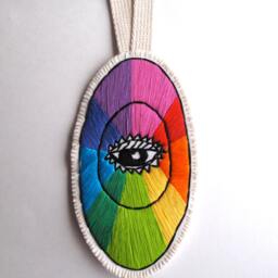 Textile Wall Hanging Hand Embroidered Abstract Design in Rainbow Colors With Eye On Cream Muslin & Felt Canvas Loop Made To Order - thumbnail 2