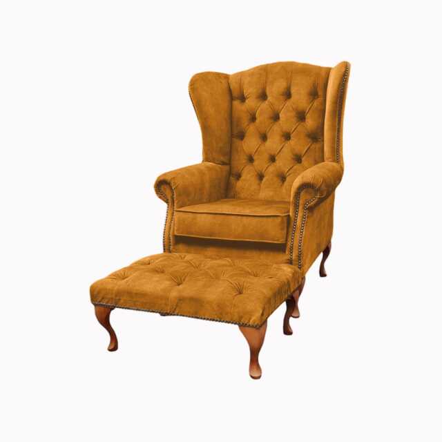 Chesterfield High Back Wing Chair & Stool - Presented in Luxury Turmeric Velvet The Kensington - image 1