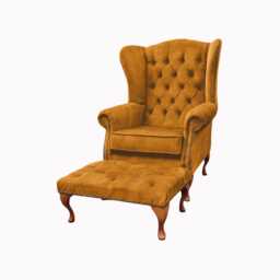 Chesterfield High Back Wing Chair & Stool - Presented in Luxury Turmeric Velvet The Kensington