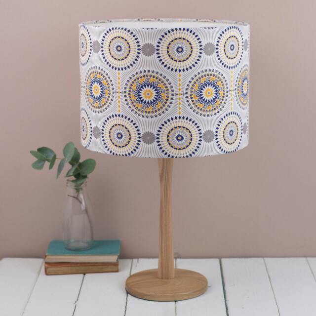 Dime Lampshade With Grey, Navy & Mustard Pattern, Geometric Blue Yellow Design, Can Be Used As A Pendant, Ceiling Light Shade