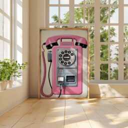 Pink Rotary Phone Art Print Poster, Retro Pop Painting, Vintage Telephone Feminine Wall Decor Unique Gift - thumbnail 3