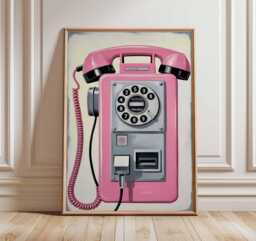 Pink Rotary Phone Art Print Poster, Retro Pop Painting, Vintage Telephone Feminine Wall Decor Unique Gift - thumbnail 1
