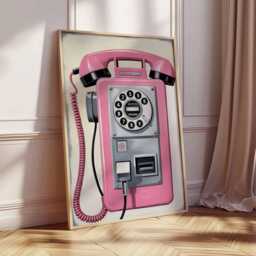 Pink Rotary Phone Art Print Poster, Retro Pop Painting, Vintage Telephone Feminine Wall Decor Unique Gift - thumbnail 2