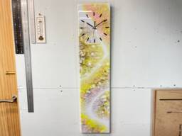 Yellow & Pink Abstract Wall Clock, Long Modern Unusual Home Decor, Luxury Clocks, Resin Clock