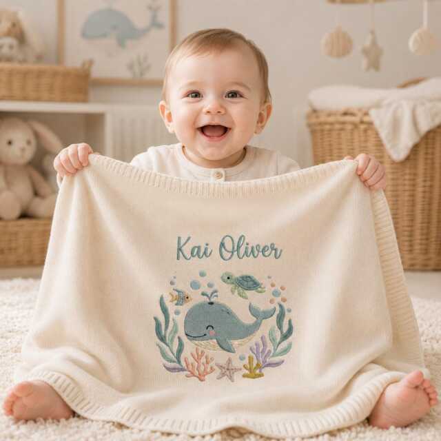 Personalized Ocean Embroidered Baby Blanket, Custom Whale Name Sea Life Nursery Gift, Shower Keepsake, Newborn Gift - image 1